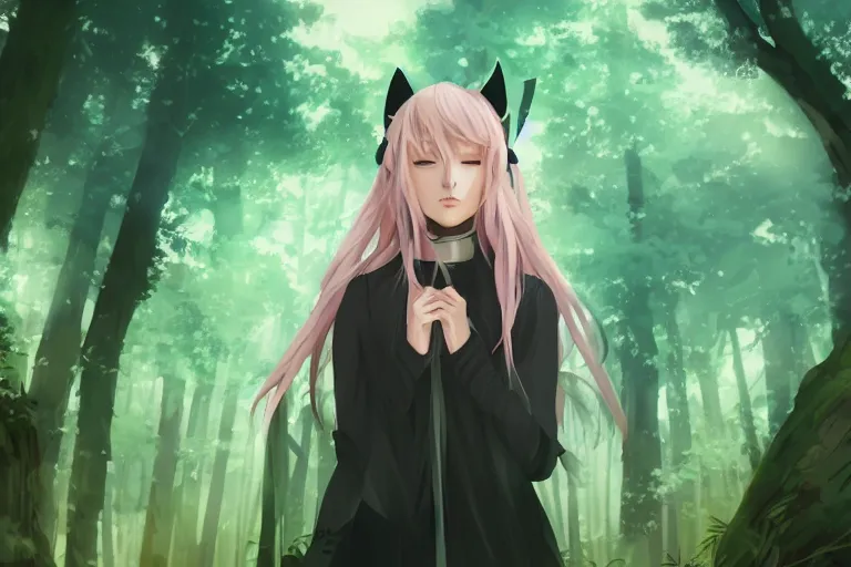 Image similar to female mage with cat ears in a forest, detailed attractive face, fantasy art, anime style, by charlie bowater, by makoto shinkai, by studio ghibli, atmospheric, vector art, 4 k film still, close up portrait