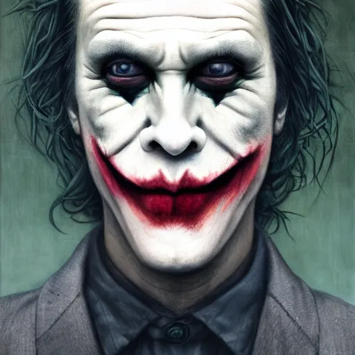 Prompt: portrait of an angry joker by Sean Yoro and Chie Yoshii, dark, moody, foggy, gloomy, high details, washed colors