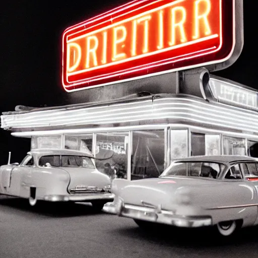 Image similar to photograph of a 1 9 5 0 s drive - in diner at night, neon - lights, googie architecture, americana