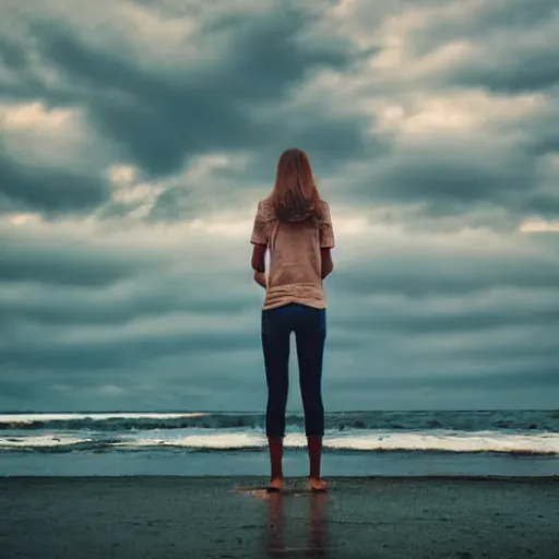 Prompt: young adult's head evaporizing, standing sideways in front of a rough sea, trippy sky