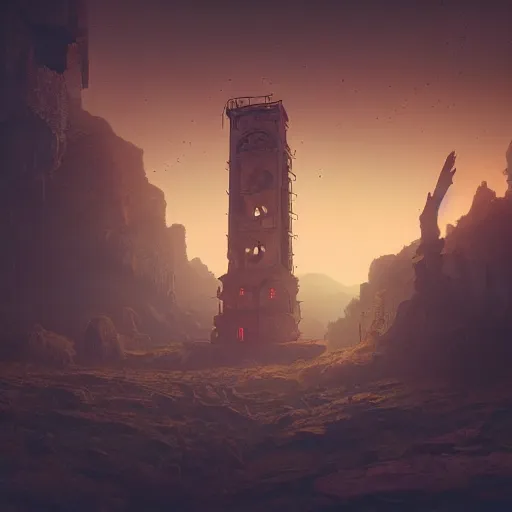 Image similar to an abandoned old rusty clocktower in a dark enormous cave, Low level, rendered by Beeple, Makoto Shinkai, syd meade, simon stålenhag, synthwave style, digital art, unreal engine, WLOP, trending on artstation, 4K UHD image, octane render