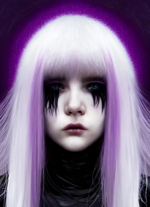 Image similar to hair whitebangs hair, black cyberlox, portrait of normal teenage girl, white bangs, messy bangs, fluffy bangs, cyberlox, whitebangs, red irises, purple background, intricate, elegant, highly detailed, digital painting, artstation, concept art, sharp focus, smooth, illustration, art by wlop, mars ravelo and greg rutkowski