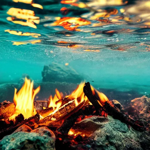 Image similar to photo of a camp fire underwater, highly - detailed, cinematic