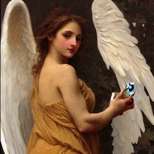 Image similar to a glorious oil painting of an angel talking with an iPhone, by Bouguereau, highly realistic and intricate