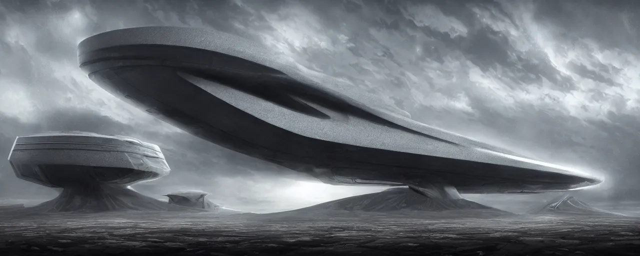 Image similar to a large ominous and geometric spaceship, streamlined and very large and long floating over a barren dry land with an epic cloud formation on the background by HR GIger, Dariusz Zawadzki, Neil blevins, Feng Zhu, gustave doré, zhuoxin ye, very detailed, octane render, 8k, oranate and brooding, scary and dark, canon 24mm lens