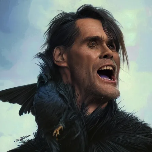 Image similar to jim carrey controlling evil ravens, demonic, evil, satanic, intricate, highly detailed, digital painting, artstation, concept art, smooth, sharp focus, illustration, unreal engine 5, 8 k, art by artgerm and greg rutkowski and alphonse mucha