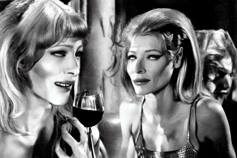 Prompt: cate blanchett drinking wine in barbarella (1968), movie still
