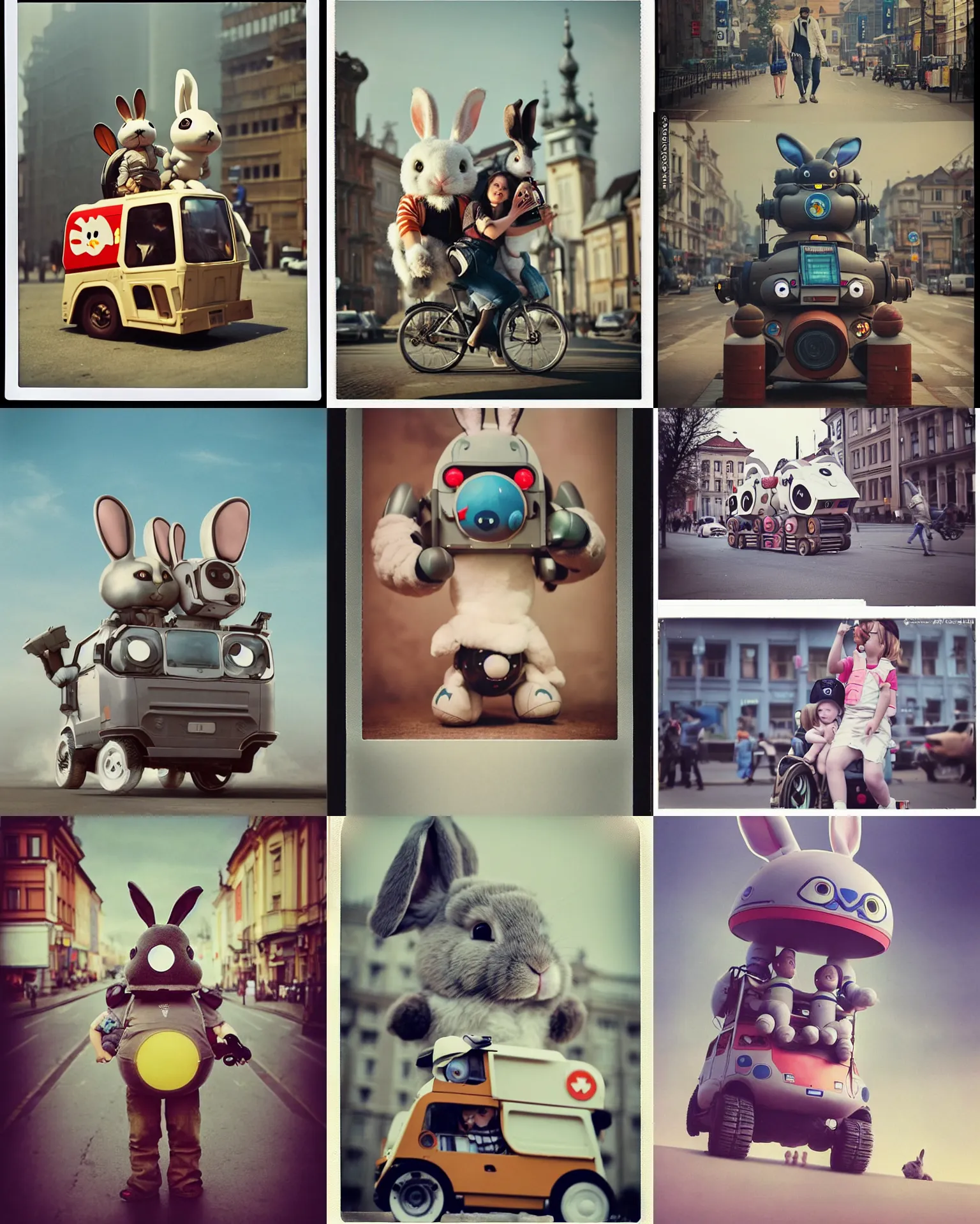Prompt: epic pose!!! googly eyed giant oversized battle rabbit robot chubby mech baby sport vehicle double decker with giant oversized ears and cute rabbit babies , in legnica , full body , Cinematic focus, Polaroid photo, vintage , neutral dull colors, soft lights, foggy , by oleg oprisco , by national archives, by discovery channel, by victor enrich , by gregory crewdson
