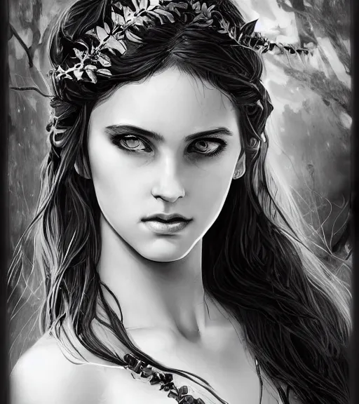 Prompt: beautiful young aphrodite goddess, archer, realistic face, beautiful eyes, black and white drawing, in the style of greg rutkowski, fantasy, amazing detail, epic, intricate, elegant, smooth, sharp focus