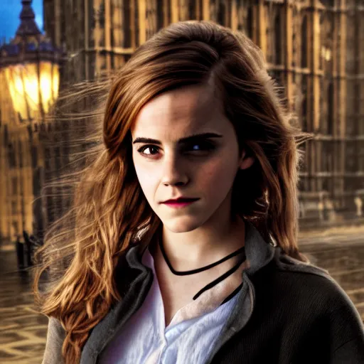 Prompt: Photograph of Emma Watson as Hermione Granger in front of Big Ben. Extremely detailed. Award winning. Cinematic. 4K. Lightroom.