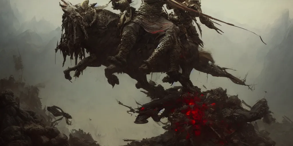 Image similar to the last warrior standing on the top of pile of skulls, the war has just ended, raining blood, extremely detailed digital painting, in the style of fenghua zhong and ruan jia and jeremy lipking and peter mohrbacher, mystical colors, rim light, beautiful lighting, 8 k, stunning scene, raytracing, octane, trending on artstation