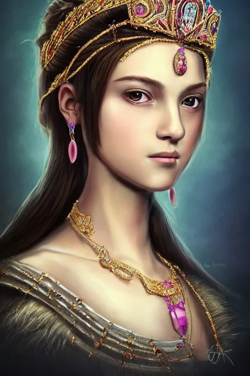 Prompt: beautiful very detailed portrait of a young princess with lots of jewelry in the face, full body, in the background there is a minimalistic palace, digital art , dramatic cinematic lighting rendered by octane, 8k, detailed, intricate, clean and textures, trending on artstation, treanding on deviantart, trending on cgsociety, pinterest, by Lauren Brevner