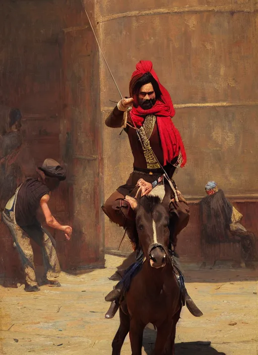 Prompt: Old west circus trickshooter (rdr2). Iranian orientalist portrait by john william waterhouse and Edwin Longsden Long and Theodore Ralli and Nasreddine Dinet, oil on canvas. Cinematic, hyper realism, realistic proportions, dramatic lighting, high detail 4k