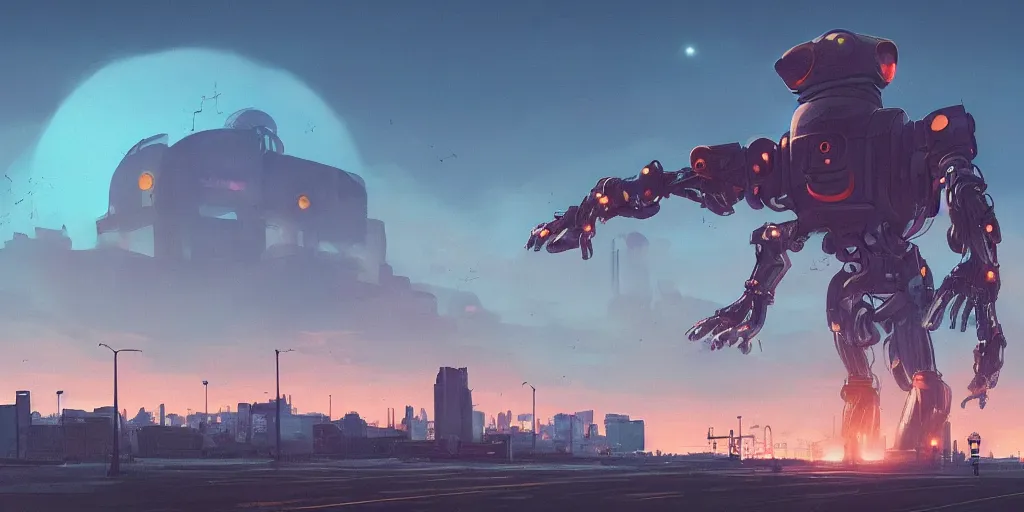 Prompt: landscape imagery, dystopian city, sunset, alien robot dragon in the sky, inspired by Simon Stalenhag