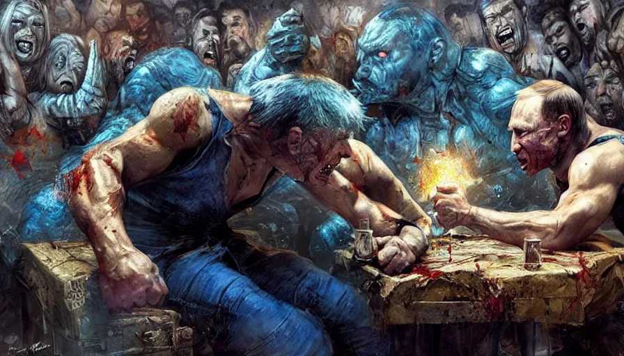 Prompt: arm wrestling between putin and his mind, hyperrealistic, digital concept art, caricature illustration, comics, bloody, violent. horror. art by gaston bussiere and greg rutkowski in yelow and blue color