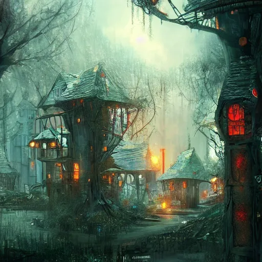 Image similar to A village in fairy tale forest in the style of cyberpunk in the style of dark fantasy art Trending on artstation DeviantArt Pinterest detailed realistic HD 8k High Resolution