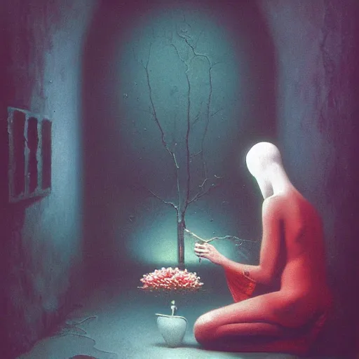 Prompt: a white golemn tending to a beautiful flower in a dark room, zdzislaw beksinski, arthur rachham, 8 k, artstation, interior