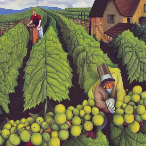 Image similar to Hyperrealism traditional austrian vineyard with workers, painting by MC Escher