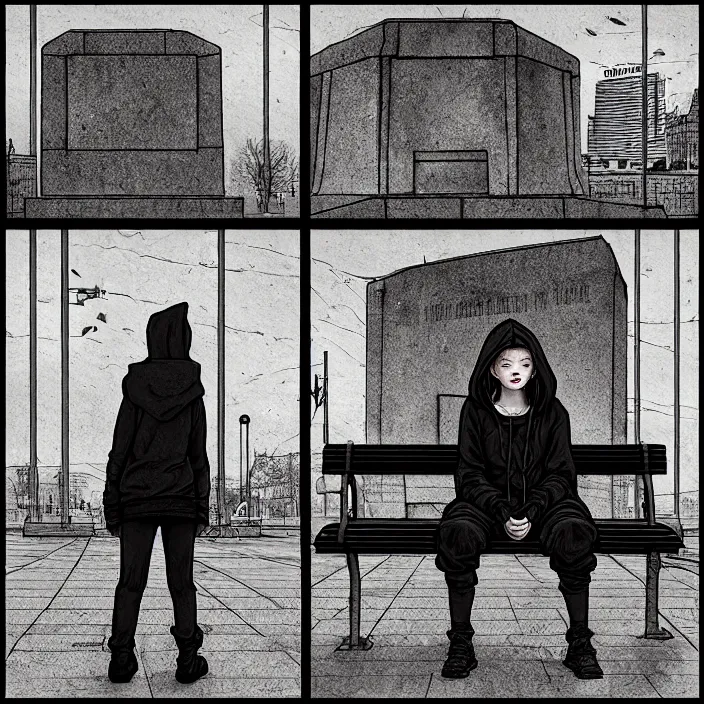 Image similar to sadie sink in a hoodie sits on a bench in a square, pedestrians walk past. background of old soviet monument. storyboard, scifi cyberpunk. by gabriel hardman, joe alves, chris bonura. cinematic atmosphere, detailed and intricate, perfect anatomy