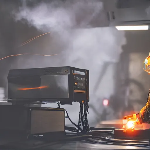 Image similar to overcharging toaster oven, tangles of metallic cables, dark messy smoke - filled cluttered workshop, dark, dramatic lighting, orange tint, sparks, plasma charges, cinematic, highly detailed, sci - fi, futuristic, movie still