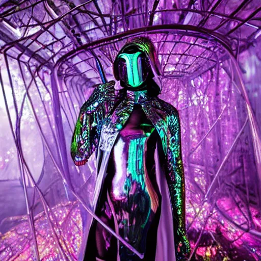 Image similar to hi - fructose mag photo, inside a futuristic detailed alien jungle made out of shiny reflective chrome, futuristic android with limbs made out of stretchy rubber tubing mixed with shiny colorful giant intricate detailed chrome gauntlets and chest piece and discoball mask, wearing a long purple velvet cape, fog and mist