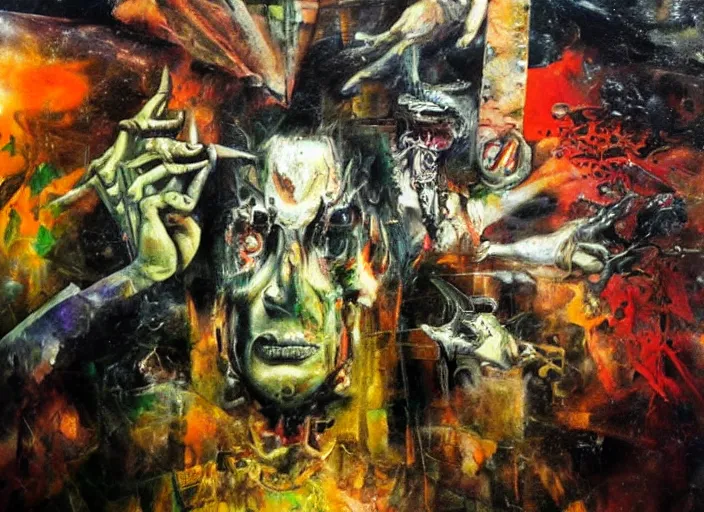 Image similar to a still from an occult horror movie by dario argento, alejandro jodorowsky and kenneth anger, close - up : : oil painting by adrian ghenie