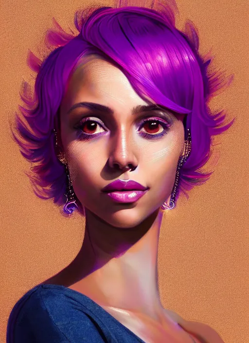 Image similar to portrait of vanessa morgan with bright pink hair, curly pixie cut hair, wearing a purple breton cap, breton cap, hoop earrings, intricate, elegant, glowing lights, highly detailed, digital painting, artstation, concept art, smooth, sharp focus, illustration, art by wlop, mars ravelo and greg rutkowski