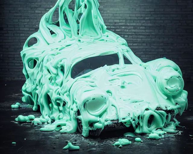 Image similar to car made of slime, studio light, dark background, 3 5 mm photography