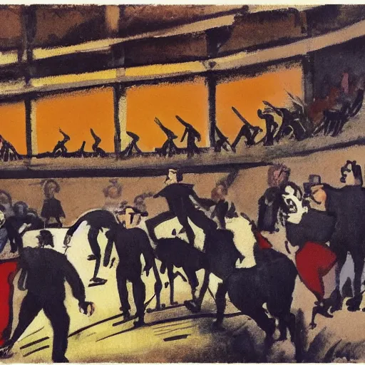 Prompt: by norman cornish extemporaneous, dignified. a print of a bullfight in spain. the print is set in an arena with spectators in the stands. several figures in the print, including a matador & a bull.