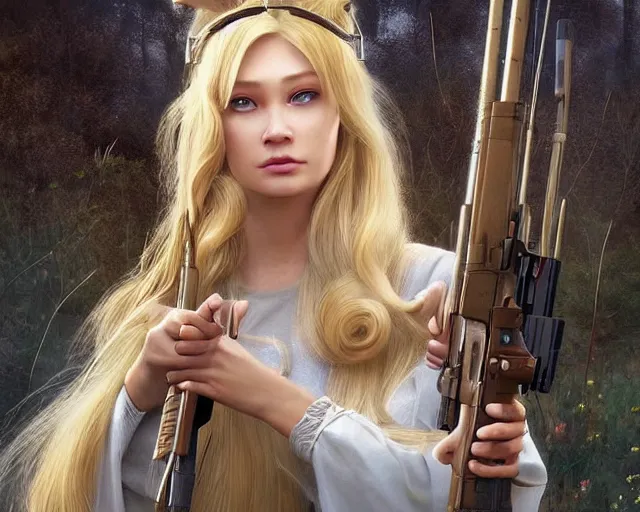 Image similar to disney princess with long blonde hair versus m 9 0 sniper rifle : : weta disney pixar movie still photo : : hi - fructose, decadent highly - detailed digital painting, golden ratio, octane render, artstation, smooth, sharp focus, artgerm, mucha, loish, wlop