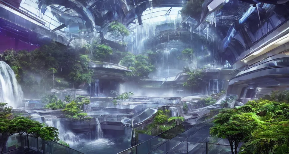 Prompt: futuristic shopping mall with waterfalls inside a massive space station with overgrown lush gardens, ilm, beeple, star citizen halo, mass effect, 2001 space odyssey, elysium, warm saturated colours, atmospheric perspective, dramatic sunset, volumetric light scattering, dustlight, god rays, dust