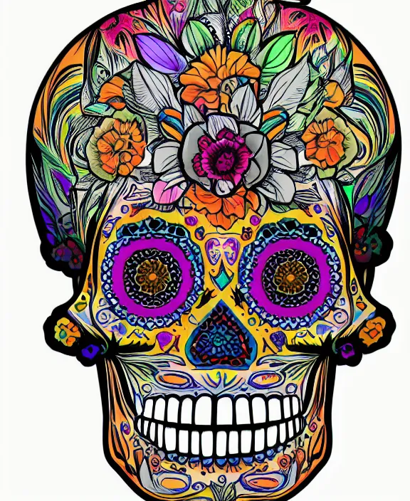 Prompt: dia de los muertos theme multicolor line art in the styles of artemio rodriguez, lisa brawn, and gustave bauman, intricate, hyperrealistic, accurate facial details, profile picture, hard outline, vector graphic, whitespace border