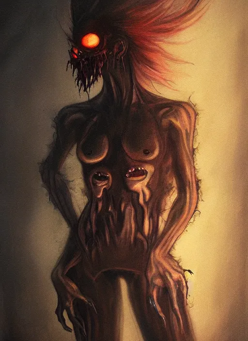 Image similar to dark portrait painting of tracer from overwatch, in style of zdzisław beksinski, scary, horror, overwatch tracer character, evil grin, detailed face, dressed in dark garment, black tendrils, tall,