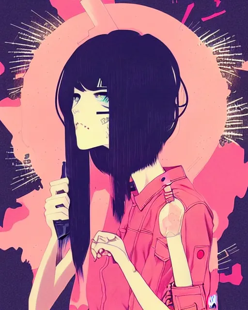 Image similar to girl holding flashbang, detailed manga illustration!! intricate details, beautiful perfect face, perfect body, aesthetically pleasing pastel colors, poster background, aesthetic details, art by conrad roset and ilya kuvshinov