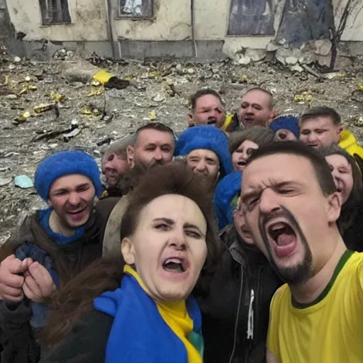Image similar to the last selfie taken in ukraine after the nuclear war, the ukrainian in yellow and blue rags screaming and crying in pain, terrible terrible mutations and injuries, with a nuclear explosion next to it destroying everything in a second
