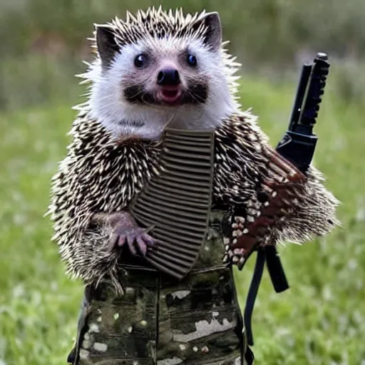 Prompt: still image of a hedgehog wearing body armor, hedgehog soldier, the hedgehog is holding a rifle, photo