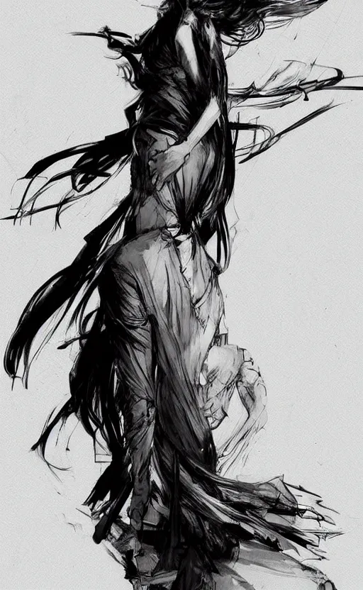 Image similar to a woman sitting in a long gown, her back is to us completely, pinterest hair picture, back of the hair, long In style of Yoji Shinkawa and Hyung-tae Kim, concept art, highly detailed