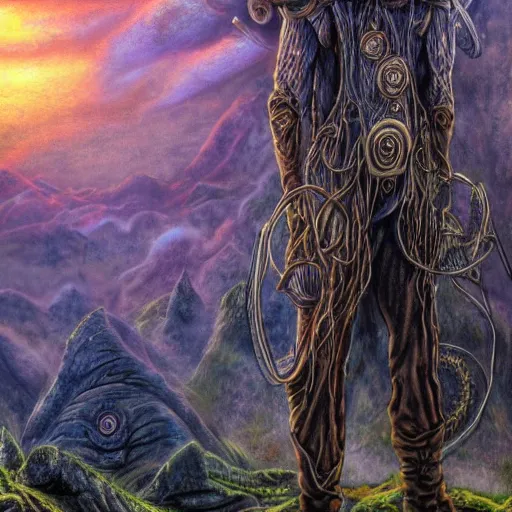 Prompt: steampunk ent man from lord of the rings, fantasy, high detail, realistic, pastel, complex psychadelic patterns, dark, magical natural mountainous background with setting sun, smoke in sky