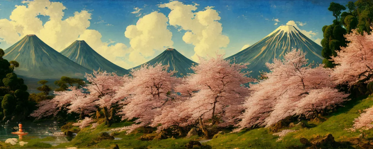 Image similar to ghibli illustrated background of a strikingly beautiful over a volcano with cherry blossom by eugene von guerard, ivan shishkin, albert edelfelt, john singer sargent, 4 k