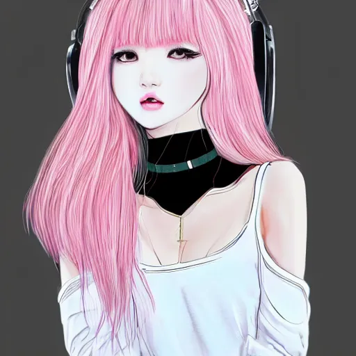 Image similar to realistic beautiful gorgeous natural cute Blackpink Lalisa Manoban black hair cute fur black cat ears, wearing white camisole, headphones, black leather choker artwork drawn full HD 4K highest quality in artstyle by professional artists WLOP, Taejune Kim, Guweiz on Artstation Pixiv