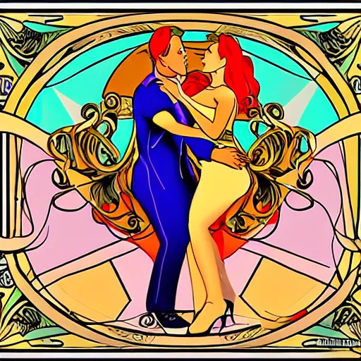 Prompt: latin male and female dance band in the style of art nouveau. lively. colorful. hd.