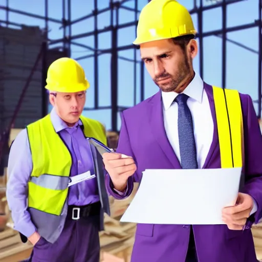 Prompt: woman in a purple suit scolding man in construction outfit holding clipboard, realistic, 4 k