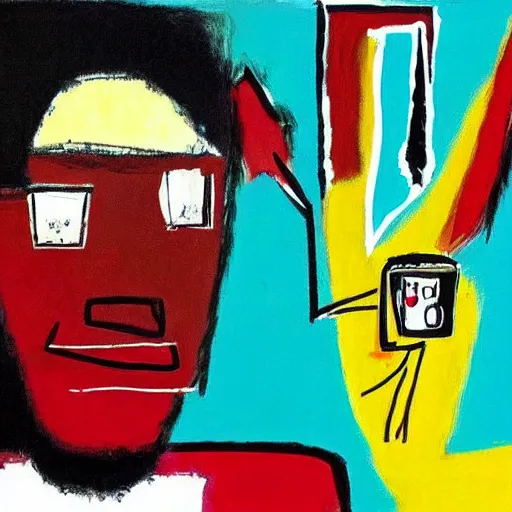 Image similar to It's morning. Sunlight is pouring through the window bathing the face of a man enjoying a hot cup of coffee. A new day has dawned bringing with it new hopes and aspirations. Painting by Basquiat, 1981