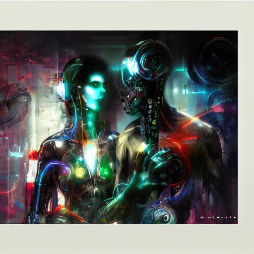 Prompt: cybernetic beings connecting to the global network by raymond swanland, highly detailed, bright tones