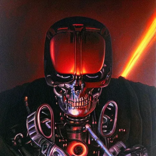 Image similar to The Terminator (1984) by Gerald Brom, glowing eyes