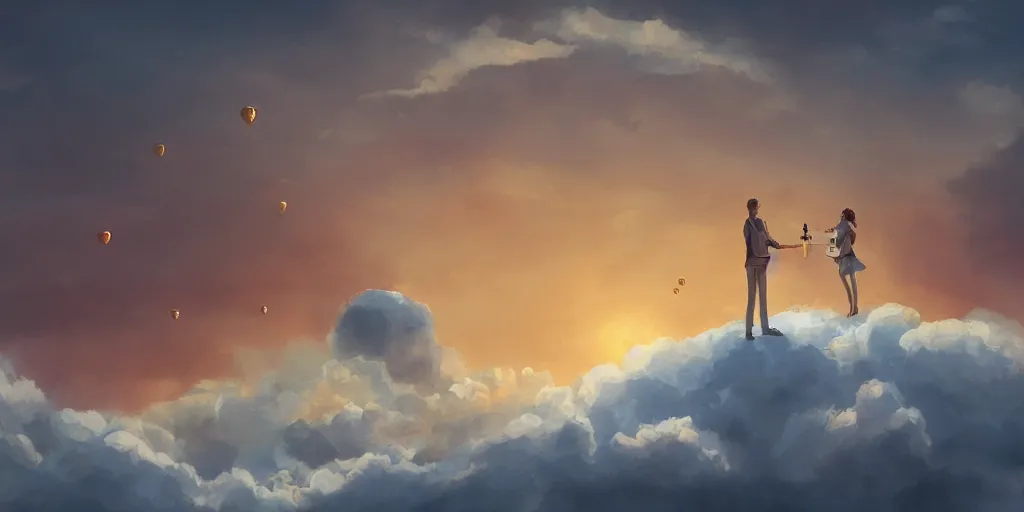 Image similar to a couple floating alone on a cloud having a drink of Champaign high in the sky above Sint-Marteen, artstation, matte painting, goldenhour,