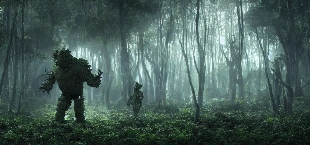 Image similar to a complex organic fractal 3 d metallic symbiotic ceramic humanoid megastructure creature in a swampy lush forest, foggy, cinematic shot, photo still from movie by denis villeneuve, wayne barlowe, sun rays, golden hour