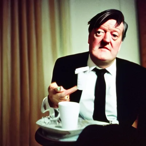 Image similar to Stephen Fry dressed up like David Lynch. CineStill