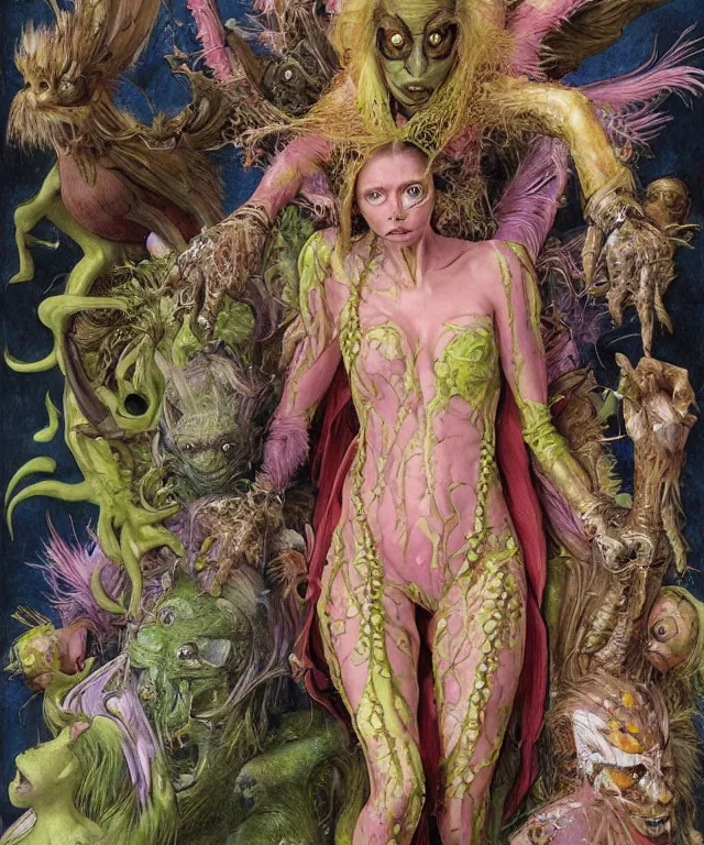 Image similar to a portrait photograph of a mutated harpy super villian with slimy skin and feathers. she looks like elizabeth olsen and is meditating in a colorful infected bulbous shiny organic catsuit. by donato giancola, hans holbein, walton ford, gaston bussiere, peter mohrbacher and brian froud. 8 k, cgsociety, fashion editorial