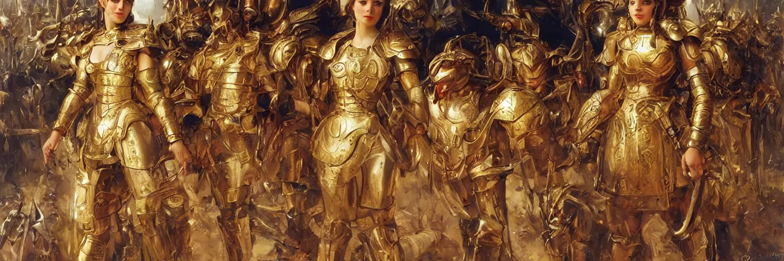 Image similar to a single young girl wearing a gold armor standing in a battlefirld, surrounded by dead bodies, extremely realistic and highly detailed painting by gaston bussiere and j. c. leyendecker 8 k